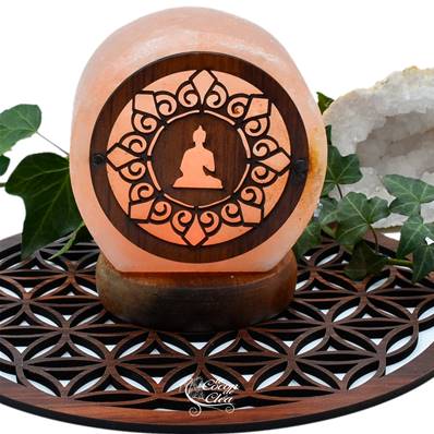 Lampe en véritable Sel de l'Himalaya USB Décoration Bois - Bouddha 600g